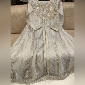 Silver handmade Pakistani Indian bridal walima party wear maxi designer